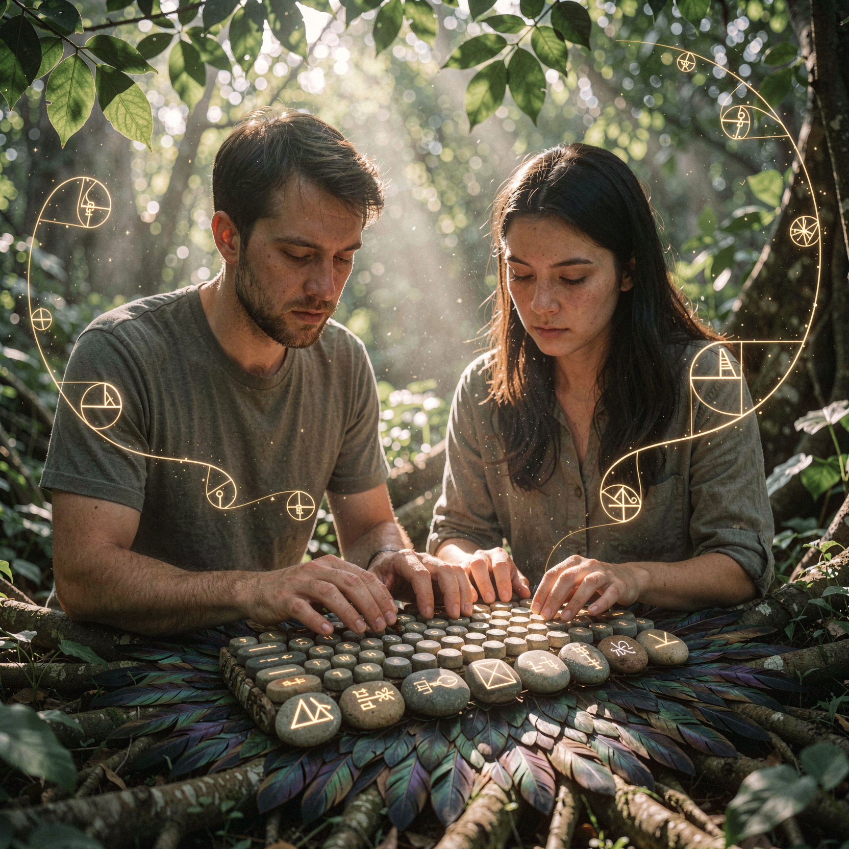 a realistic editorial photograph of a man and a woman sitting closely together, pair programming on a single mechanical keyboard that sits atop a living root system. the keyboard keys are smooth river stones inscribed with glowing geometric equations, while the surrounding air is filled with floating golden ratio spirals that hum with visible harmonic resonance. above them, a dense canopy of emerald leaves filters soft daylight, and beneath their feet, a woven tapestry of iridescent feathers forms the ground, merging seamlessly into the soil. the scene blends technology with organic nature, where code flows like water through the roots. natural unretouched skin texture with subtle tonal variation on the focused faces. soft diffused sunlight filtering through the leaves, creating dappled shadows and gentle rim light. shot on 35mm Kodak Portra 400 with fine visible film grain, slight handheld framing imperfection, and atmospheric dust motes dancing in the light beams.