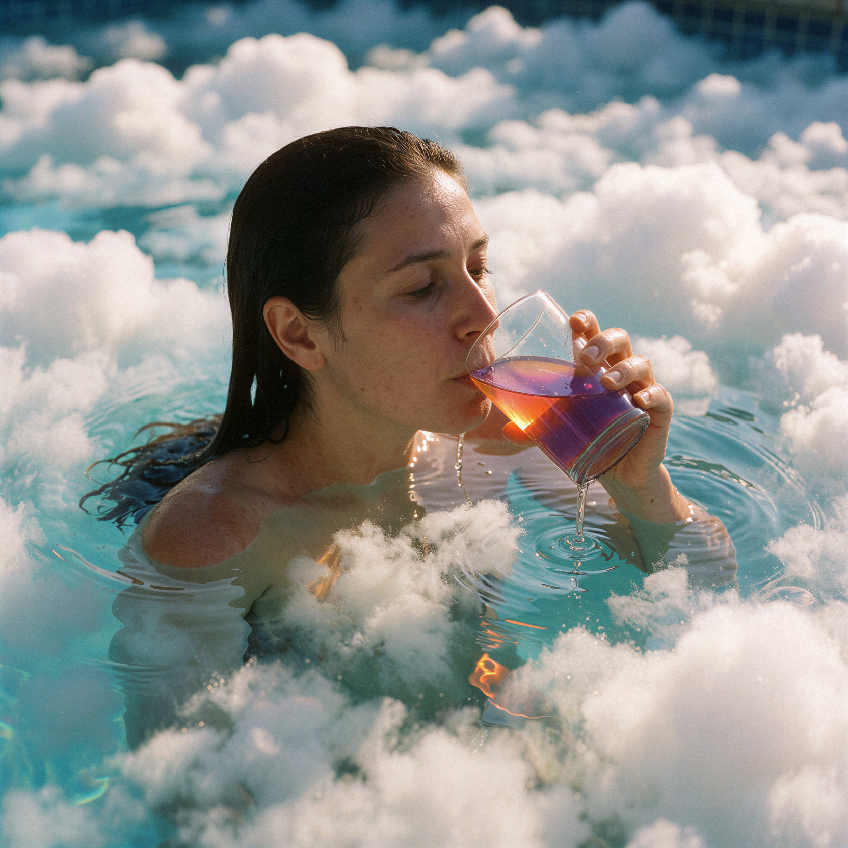 a candid documentary photograph of a woman with natural unretouched skin texture and subtle tonal variation, floating effortlessly in a swimming pool whose water is seamlessly composed of luminous white cumulus clouds, sipping from a glass filled with liquid sunset glowing amber and violet, her body levitating slightly above the cloud-surface, water droplets turning into mist as they fall, shot on 35mm Kodak Portra 400 with fine visible film grain and gentle halation around the light sources