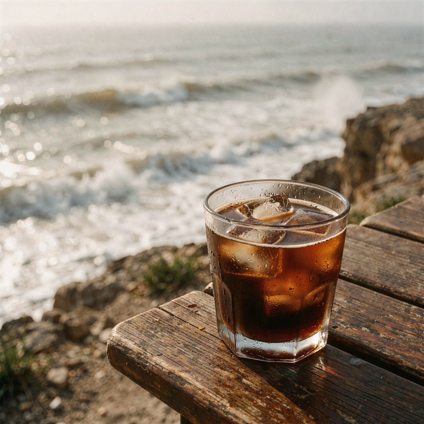a realistic editorial photograph of a short tumbler glass filled with dark cold coffee and large square ice cubes, sitting on a weathered wooden table at the edge of a rocky cliff. The air is thick and hazy from the intense 35-degree Celsius heat, while behind the glass, the sea rolls in with heavy, rhythmic swells crashing against the shore below. Condensation beads heavily on the exterior of the glass, dripping down the surface to pool around the base. The scene captures the stark contrast between the freezing condensation and the oppressive summer atmosphere, with natural daylight casting soft, warm highlights on the wet glass and the churning ocean water in the background. Shot on 35mm Kodak Portra 400 with fine visible film grain, slight handheld framing imperfection, and gentle motion blur on the moving waves.