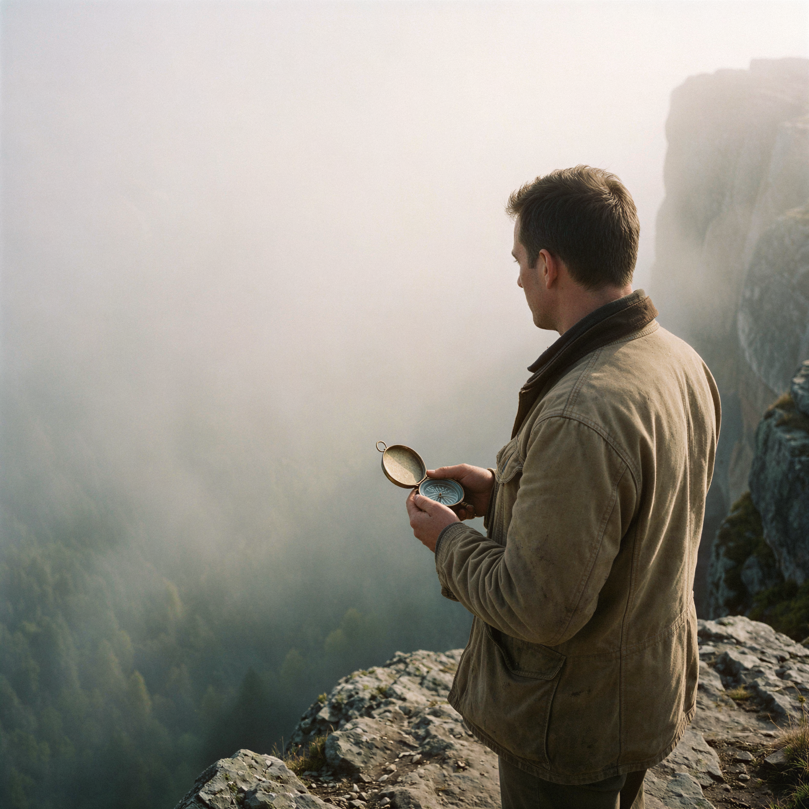 a realistic editorial photograph of a solitary explorer standing on the edge of a rugged cliff, gazing out at a dense fog-shrouded valley below, wearing a weathered canvas jacket and holding a brass compass, composition emphasizing vast negative space and depth, soft diffused daylight filtering through mist creating an atmospheric and mysterious mood, detailed textures on the rough rock surface and fabric weave, shot on 35mm Kodak Portra 400 with fine visible film grain, slight handheld framing imperfection, natural unretouched skin texture with subtle tonal variation