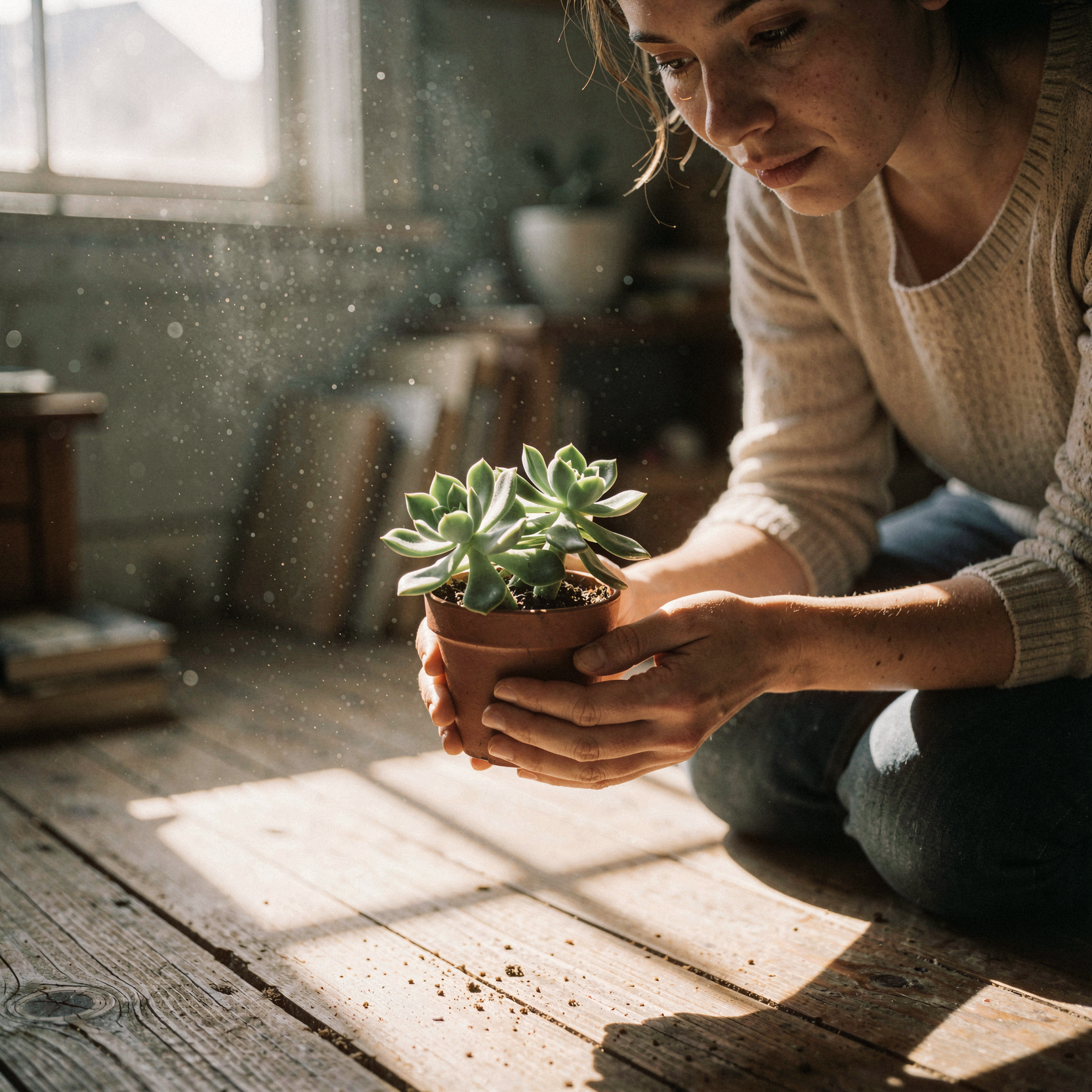 a realistic editorial photograph of a woman kneeling on weathered wooden floorboards in a sunlit, quiet room, her hands gently cradling a small potted succulent with fleshy green leaves. Sunlight streams through a nearby window, illuminating dust motes dancing in the air and casting long, soft shadows across the scene. The woman’s face is turned slightly toward the plant, her expression calm and deeply attentive, eyes focused on the intricate details of the leaves. The background is softly blurred, showing hints of a cozy, lived-in interior with books and simple objects. Shot on 35mm Kodak Portra 400 with fine visible film grain, slight handheld framing imperfection, natural unretouched skin texture with subtle tonal variation and realistic highlights, gentle motion blur on the dust motes.