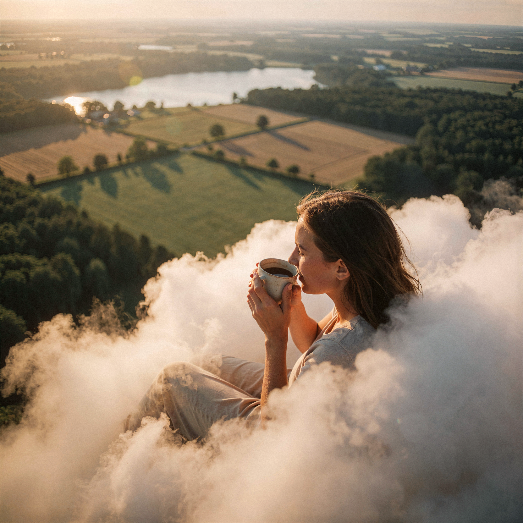 a realistic aerial photograph of a woman relaxing on a soft, voluminous white cloud high above the earth, her body resting comfortably as she sips coffee from a ceramic mug held in one hand. Below her, a patchwork quilt of early August farmland, dense green forests, and a shimmering lake stretches out into the distance, slightly blurred by atmospheric perspective. The scene is bathed in warm amber morning sunlight that casts long, gentle shadows across the terrain below while illuminating the cloud’s fluffy texture with soft highlights. natural unretouched skin texture with subtle tonal variation, visible pores on her face and hands, and fine hair strands catching the light. shot on medium-format film with a shallow depth of field that keeps the woman sharp while softly blurring the distant landscape, slight lens flare from the rising sun, and gentle motion blur suggesting slow drifting movement against the stillness of the world below.