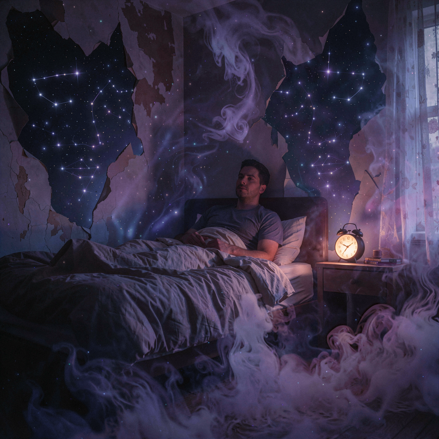 a candid documentary photograph of a solitary man sitting on the edge of his bed in a dimly lit bedroom, the heavy duvet pulled up to his waist, his eyes half-closed as the room around him begins to dissolve into a swirling vortex of deep indigo and violet mist that rises from the floorboards like dry ice fog. The walls are peeling away to reveal a starry night sky visible through the cracks, with constellations forming shapes of sleeping faces. A vintage analog alarm clock on the nightstand glows faintly, its hands spinning backward rapidly, casting a warm orange rim light on the man's natural unretouched skin texture and visible pores. The atmosphere is thick with dreamlike haze and floating dust motes illuminated by the surreal cosmic light bleeding from the dissolving walls, shot on 35mm Kodak Portra 400 with fine visible film grain, slight handheld framing imperfection, and gentle motion blur on the swirling mist.