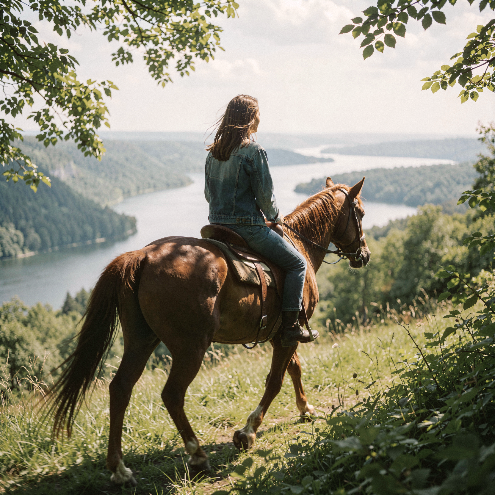 a realistic editorial photograph of a lone woman riding a chestnut horse along the grassy edge of a sun-drenched meadow, the horse moving with gentle momentum toward a vast landscape of winding rivers and deep valleys below. dappled sunlight filters through the canopy above, creating shifting patterns of light and shadow on the rider's denim jacket and the horse's coat. the atmosphere evokes a sense of profound connection to nature and hopeful contemplation, with the rider gazing out over the horizon where distant lakes shimmer in the haze. natural unretouched skin texture with subtle tonal variation, wind-tousled hair with individual strands catching the light, worn leather saddle details, and lush green foliage in the foreground. soft diffused daylight from camera-left, gentle motion blur on the horse's legs, shot on 35mm Kodak Portra 400 with fine visible film grain, slight handheld framing imperfection.